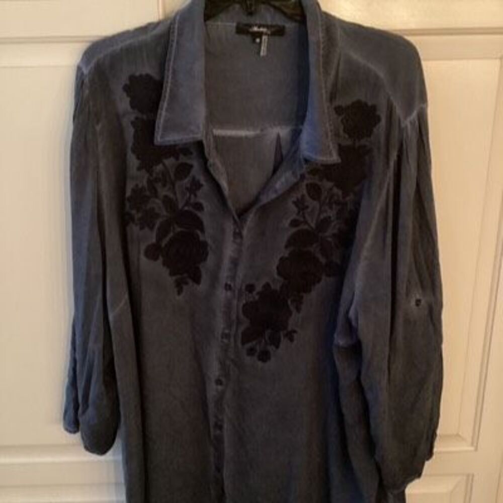 Andree By Unit Embroidered 3/4 Sleeve Button Down Top Sz 3X Blue